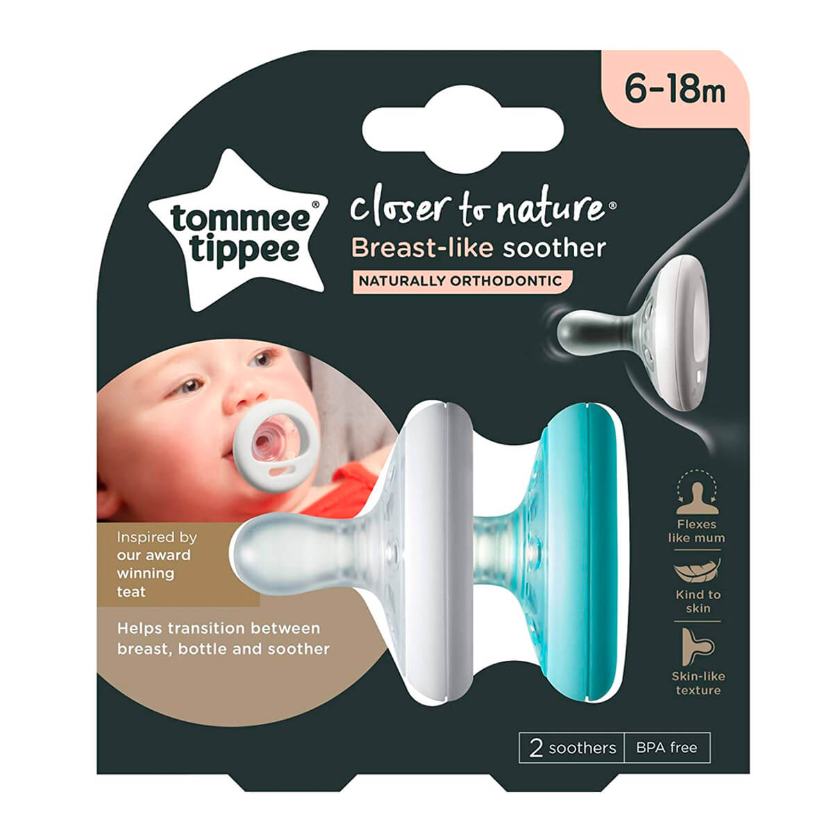 Tommee Tippee - Chupon Breast-Like 6m a 18m con forma de Pecho 2unidades